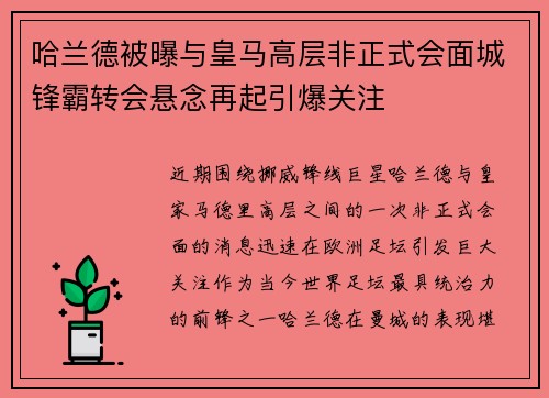 哈兰德被曝与皇马高层非正式会面城锋霸转会悬念再起引爆关注 哈兰德被曝与皇马高层非正式会面城锋霸转会悬念再起引爆关注