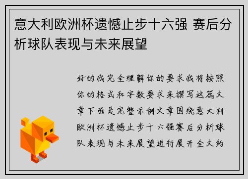 意大利欧洲杯遗憾止步十六强 赛后分析球队表现与未来展望